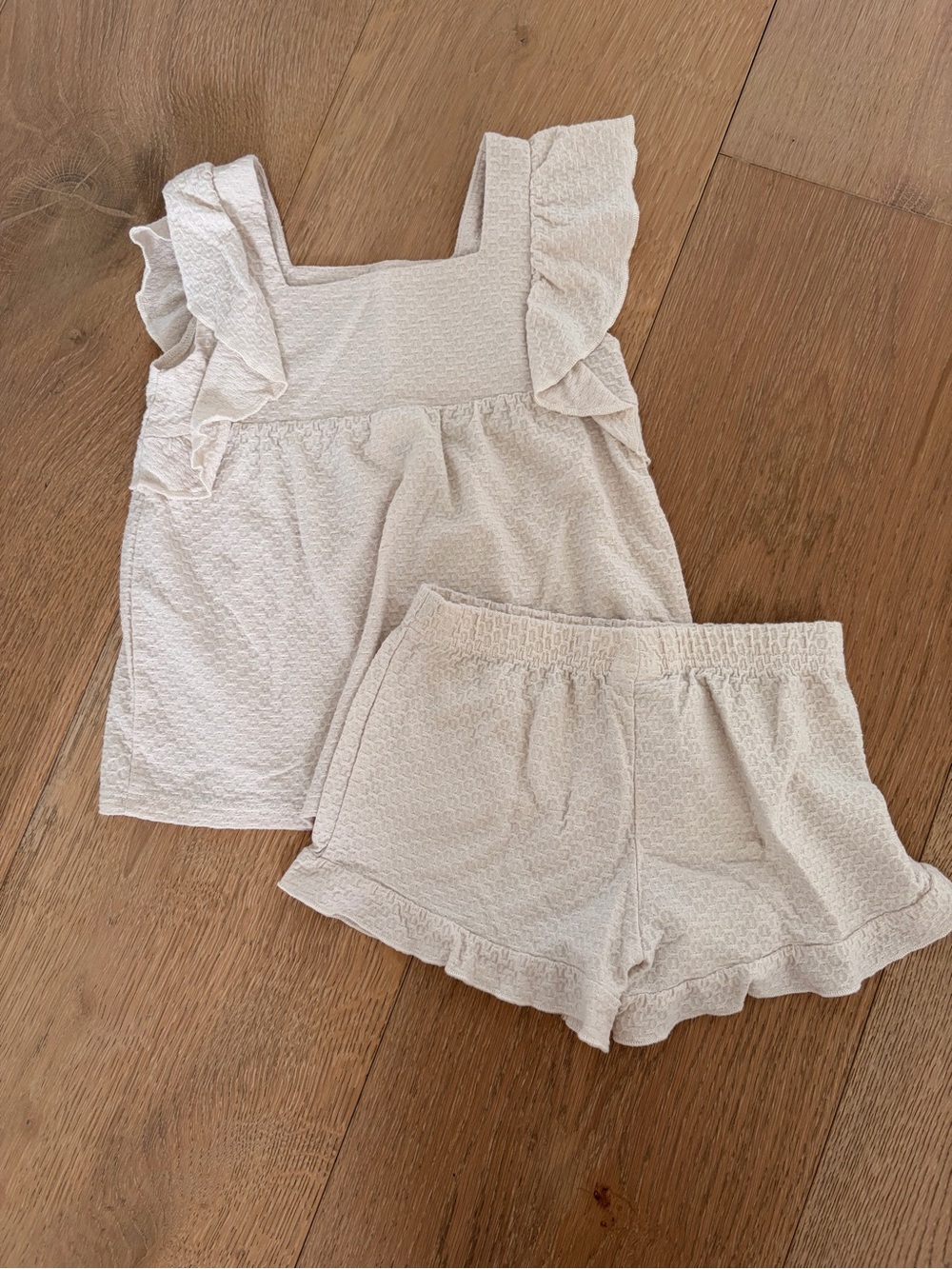 Kids Cream Ruffle Pajama Set - Sleeveless Top & Shorts